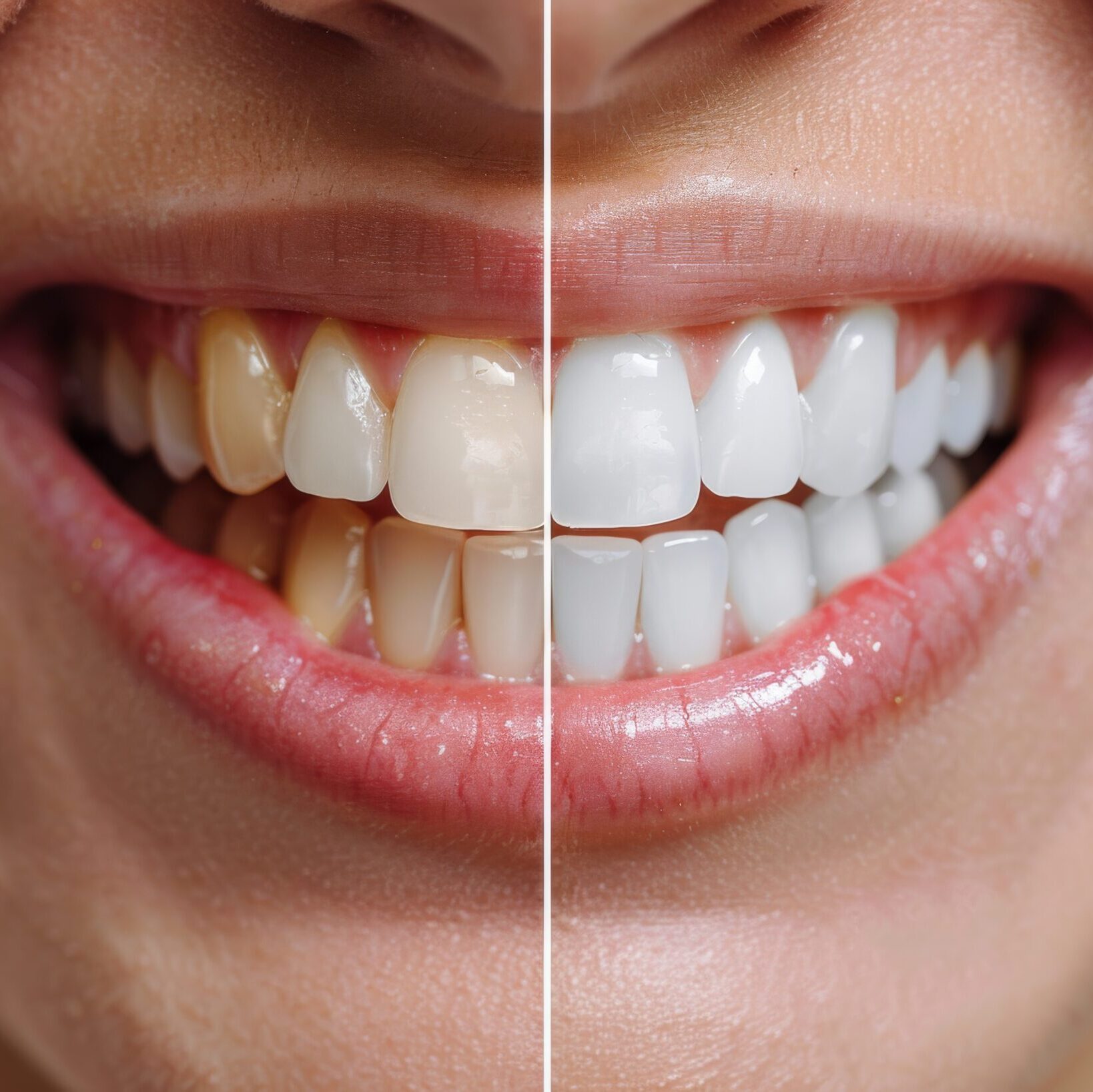 Close-up comparison of before and after dental teeth whitening