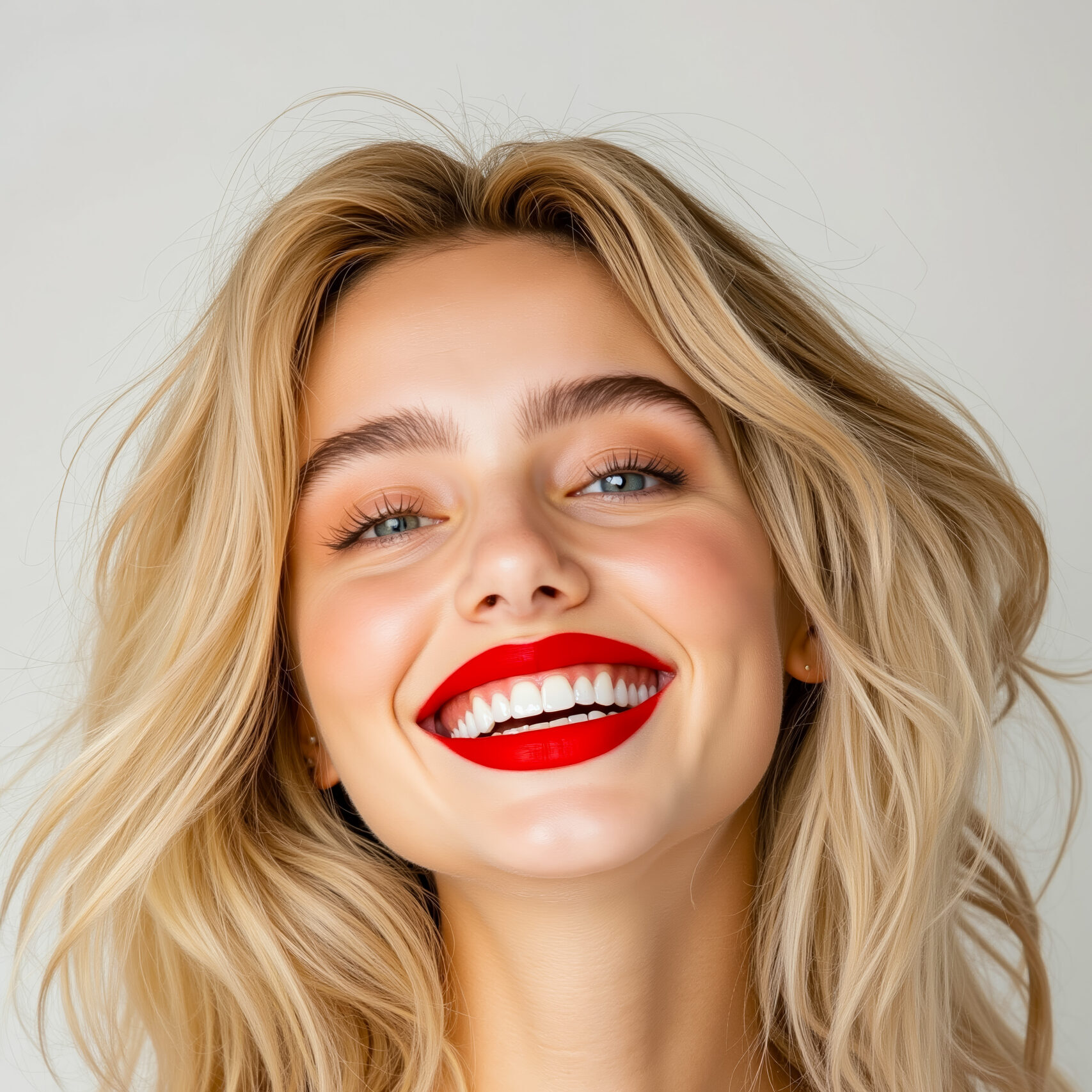 A woman with blonde hair and red lipstick smiles at the camera